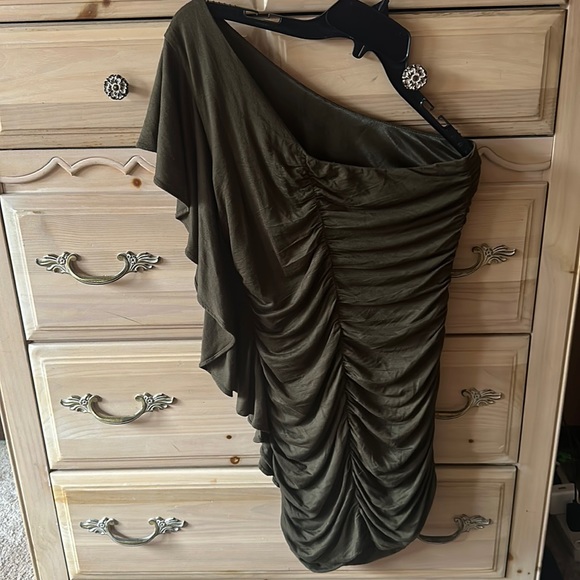 Forever 21 | Army Green One Shoulder Bat Wing Rouched Mini Dress Size Medium - Picture 2 of 5